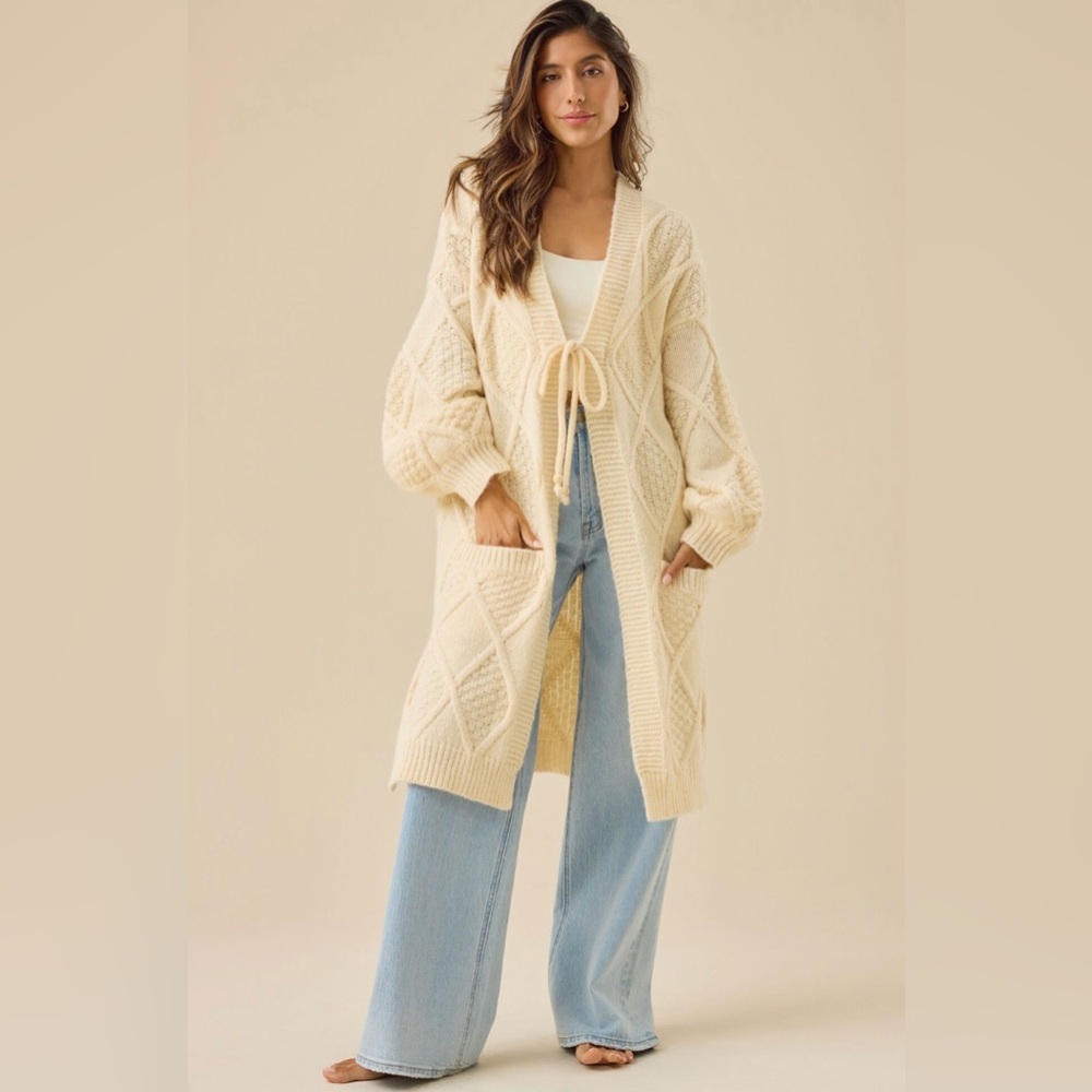 Altar'd State Cream Cable Knit Wool Blend Tie-Front Long Cardigan Duster